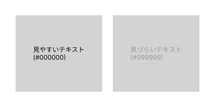背景色と文字色のコントラスト比較。左が見やすい文字で、右が見づらい文字。